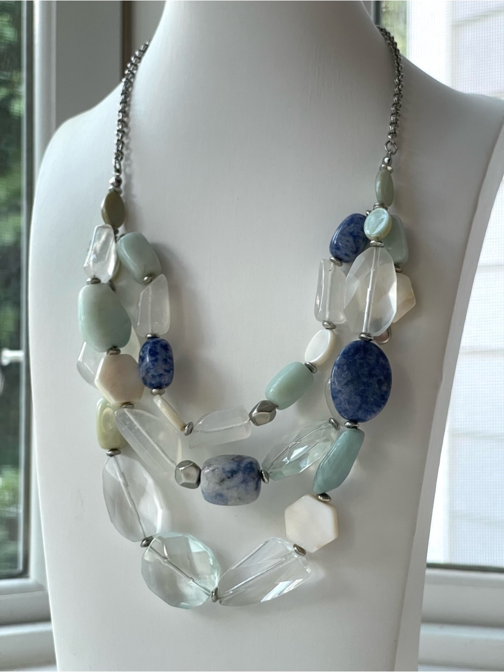 LOFT Multi-Strand Sodalite MOP Glass & Lucite Beaded Layered necklace, signed